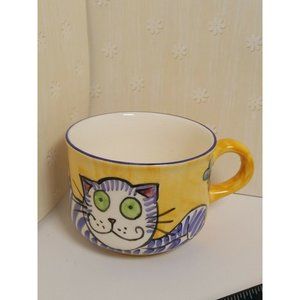 Vintage Kitty Cat Yellow Blue Mug Cup Signed M. H. Cork Crazing Handpainted